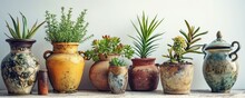 Collection Set Of Retro Vantage Old Clay Jar Vase Style Or Classic Interior Plants Pots Furniture Cutouts Isolated On White Background - Generative AI