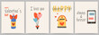 Postcards templates set for Saint Valentine's day, 14 february. Hand drawn cards with wine, balloons, mailbox, smartphone, heart, text.
