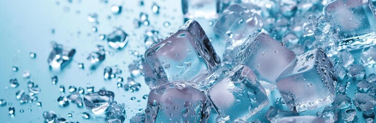 Wall Mural - Frozen water represented by ice cubes set against a cool, bluish background.