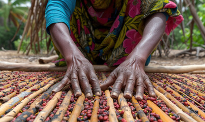 Hands of African Woman Spreading a Clove to dry on the thatched mat at Pemba island, Zanzibar, Tanzania