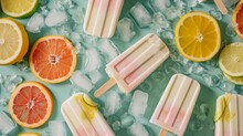 Lemon and grapefruit ice pops on a bed of crushed ice with citrus fruit slices.