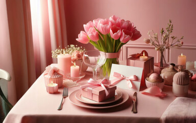 Wall Mural - Mother's Day concept. Top view photo of heart shaped plate fork knife stylish gift boxes with ribbon bows and tulips