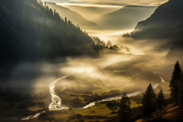 Wall Mural - a misty valley with a winding river, surrounded by mountains and trees, illuminated by the golden sunrise, ai generative