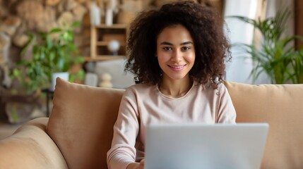 Wall Mural - Beautiful young woman sitting on a sofa or couch in the living room at a house or home, and using a laptop computer device. Female adult freelancing, smiling and holding a notebook, indoors girl