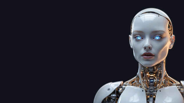 Futuristic humanoid robot with white porcelain exoskeleton. Beautiful female AI android. Artificial intelligence, cyborg, robotics, innovation, future technology concept