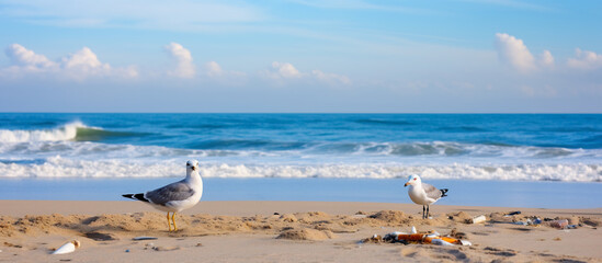 Wall Mural - Solitary Seagull Standing on Driftwood at Peaceful Beach. Scenic Seascape with Wildlife and Blue Ocean Horizon, Coastal Nature Concept