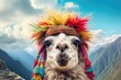 A llama with a vibrant headdress captured in a close-up shot, showcasing its unique attire.