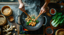 Asian Cuisine: Hands Cooking With A Wok, Surrounded By Bamboo Steamers And Fresh Ingredients.