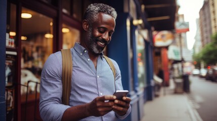 Canvas Print - Happy smiling mid adult man is using a smartphone outdoors