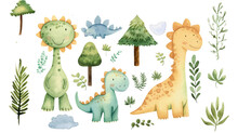 Collection Of Watercolor Dinosaurs And Plants, With A Whimsical, Child-friendly Style.