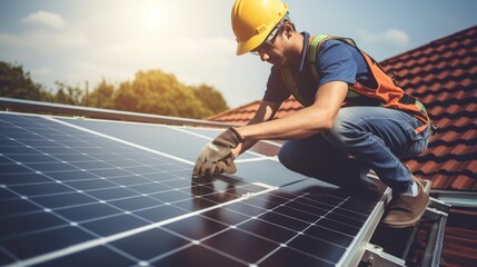 Wall Mural - Construction industry, aerial view. An electrician in a helmet is installing a solar panel system outdoors. Engineer builds solar panel station on house roof