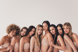 No filter photo of stunning feminist friends support body positivity attitude isolated pastel color background