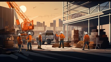 Wall Mural - A Vector illustration of builders, construction site, workers