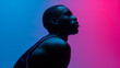 sports man poc basketball player with pink and blue gel lighting from side angle isolated on gradient background