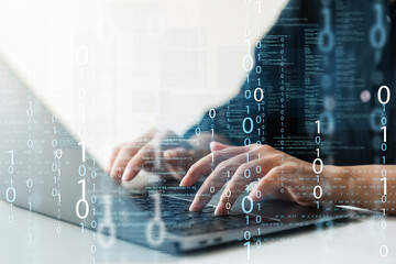 Programmer and cyber security technology, female programmer Using laptop for software development, coding, website design and social security, cyberspace concept..