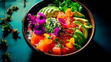 Poke Bowl With Fresh Marinated Salmon And Variegated Vegetables, Green Onions And Microgreens.