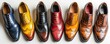 white background cutouts of classic formal occasion shoes collection Set of classical leather Cap Toe Oxfords and Wingtip brogue shoes in different styles and colors, Generative AI