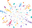 © Vector Tradition - Birthday party confetti background, festive ribbons and streamer paper spiral stripes, cartoon vector. Colorful confetti explosion pop of paper ribbons for holiday, carnival and festival celebration