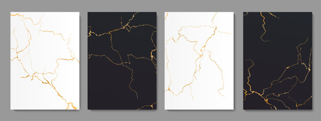 Golden kintsugi cracks, white and black floor marble tile texture pattern. Vector vertical backgrounds intertwine graceful veins and golden seams, embodying the Japanese aesthetic of wabi-sabi
