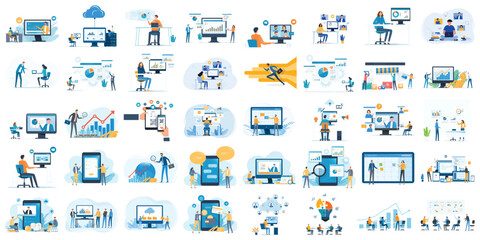 Poster - set business flat  vector illustration design style concept. for graphic and web page banners. set cartoon character design. team online video conference meeting. business planning. data analytics 
