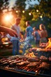 Barbecue party with people in the background, grilled steak, grilled meat, fire, summer party, barbecue in the garden,  people having fun, family and friends, Generative AI 