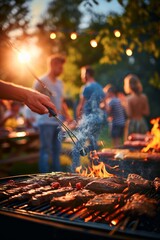 Barbecue party with people in the background, grilled steak, grilled meat, fire, summer party, barbecue in the garden,  people having fun, family and friends, Generative AI 