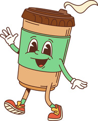 Aufkleber - Cartoon groovy coffee cup character with happy face in hippie art or hipster style, isolated vector. Smiling groovy hot coffee cup walking and waving Hello with hands for coffeeshop or t-shirt print