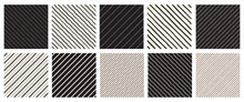 Diagonal Hand Drawn Stripes, Pinstripes, Streaks Seamless Patterns Set. Oblique, Tilted Chalk Crayon Lines, Inclined Strokes, Uneven Bars Backgrounds. Striped Dynamic Black White Endless Textures.