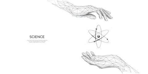 Abstract woman's hands holding atom symbol. Nuclear atom or molecule. Low poly sketch. Laboratory medicine science concept. Isolated polygonal wireframe vector illustration on a white background.