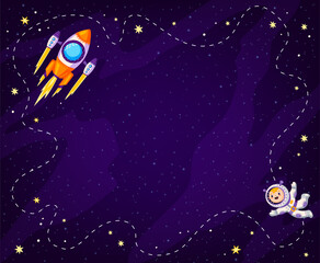 Wall Mural - cartoon kids space background with planets and rocket with trace, vector galaxy landscape. kid space