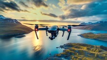 A Close-up View Of A Quadcopter In The Air Flying Over A Fjord At Sunset