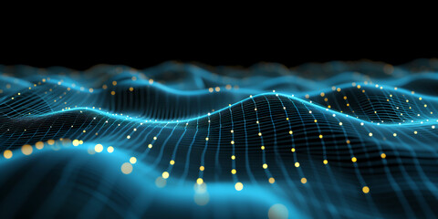 Wall Mural - abstract blue tech background with digital waves, dynamic network system, artificial neural connecti