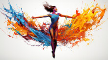 Dancer, Illustration And Vivid Colors. Energetic, Expressive And Lively Portrayal Of A Dancer, Radiating Vibrance And Vitality Through A Spectrum Of Vivid Colors. A Mesmerising Visual Celebration.