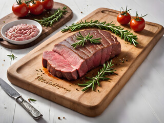 Wall Mural - Fresh Raw Beef Steak with Herbs on a White Cutting Board