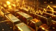 © kwanchanok - A creative visual of a gold investment chart, with shimmering gold bars forming a fluctuating line graph The backdrop is a sophisticated financial market scene, adding depth to the investment t