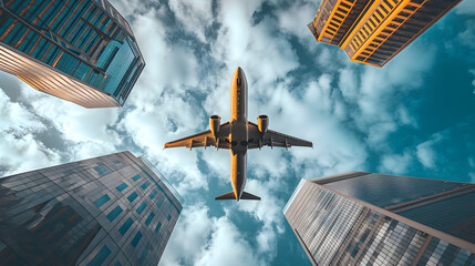 bottom view of a plane flying in the sky over skyscrapers