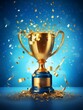 © SALEEM - Blank Golden Trophy Cup Isolated on Blue Background with Confetti. Generative AI