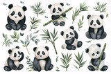 Fototapeta Dziecięca - A delightful collection of watercolor pandas in various playful poses surrounded by bamboo and greenery, ideal for children's book illustrations or themed decor.