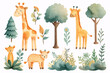 A playful, hand-drawn water color illustration featuring cute cartoon giraffes and deer among stylized trees and plants in a whimsical forest setting.