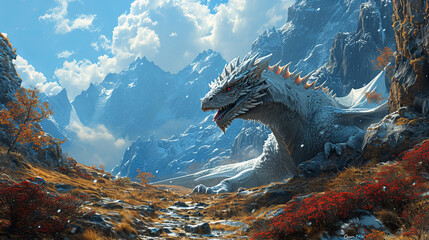 Wall Mural - Fantasy dragon stands on the beautiful snowy mountains background.