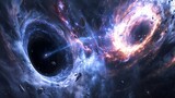 Fototapeta Kosmos - Moment of collision of two supermassive black holes, debris flung into deep space, an ethereal being skimming along the accretion disc