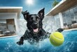 Cute cartoon dog playing with tennis ball in the swimming pool. 