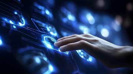 Human hands working with a holographic cyber security technology