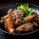 Fototapeta Kuchnia - Baked chicken wings in teriyaki sauce with sesame seeds