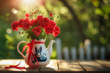 Background For The Text, A Lush Bouquet Of Red Carnations Stands In A Porcelain Teapot With A Red Ribbon And With A Pattern Of A Blue Rabbit, On A Blurred Background Of A Sunny Summer Garden