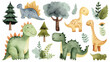A delightful set of watercolor illustrations dinosaurs Showcasing various species in a friendly style surrounded by lush prehistoric foliage Perfect for children's books Educational materials and them