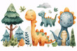 Playful and whimsical watercolor illustrations dinosaurs nestled among a serene forest landscape, ideal for children's room decor, storybook illustrations, and playful educational materials.