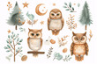 Charming watercolor illustration set of owls with night-time forest elements, ideal for children's storybook illustrations or nursery room art.