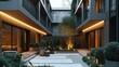 © visoot - A modern courtyard in the apartment in town, in the style of dark gray and light gold. Generative AI.