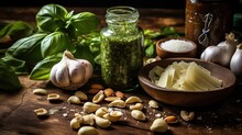 Pesto Sauce And Ingredients For Cooking On A Rustic Table